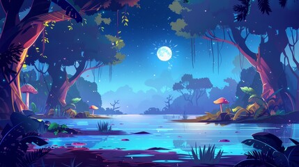 A dark woods landscape with trees, calm river water, lianas and mushrooms in moonlight. Modern cartoon illustration of an urban jungle.