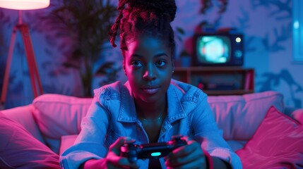 Playing Video Games on a Console in this cozy room lit with warm and neon lights, a beautiful young black gamer girl sits on a couch and plays video games. She uses a wireless controller.