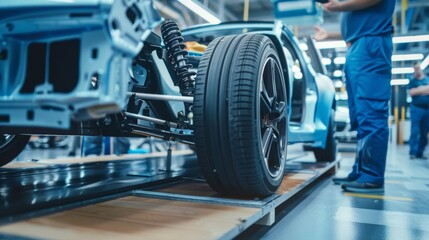Fototapeta premium Engineers working on a concept vehicle frame that includes wheels, suspension, engine, and battery. A concept vehicle frame includes wheels, suspension, engine, and battery.