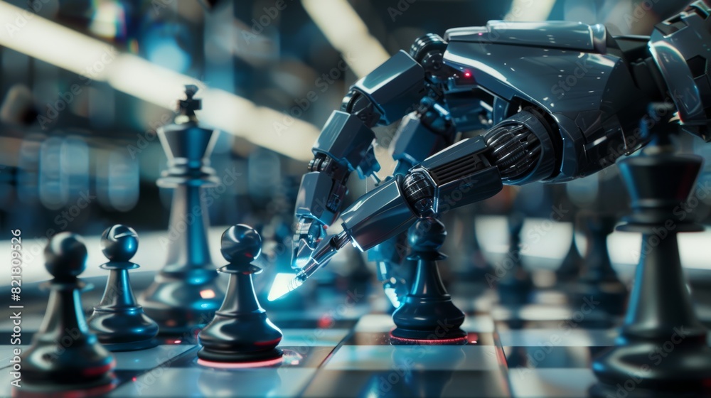 Poster a close-up vertical shot of artificial intelligence using a robotic arm to play chess. robot moves a