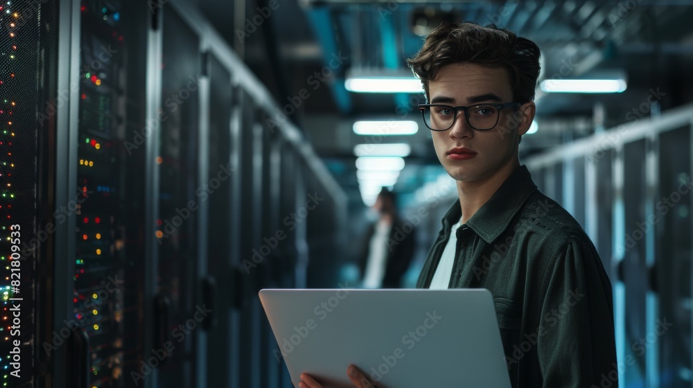 Poster Photograph of a smart young man wearing glasses holding a laptop. In the background, a technical department office with specialists working on working servers and racks.