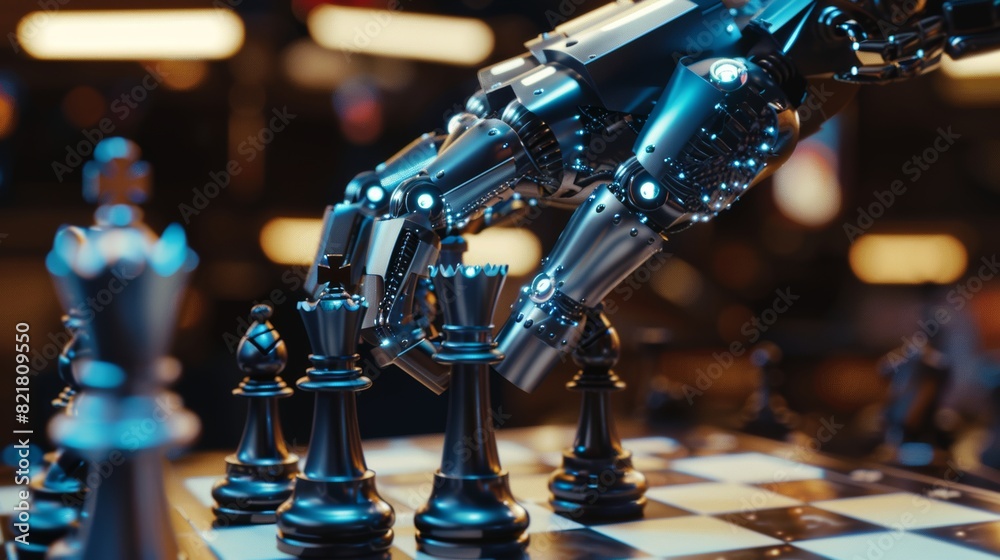 Aufkleber artificial intelligence operates a futuristic robotic arm in a game of chess. robot moves a knight. 
