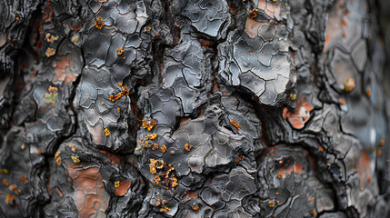 Macro shot of tree bark, dark grey and brown with orange lichen. The texture is depicted in the style of nature photography, minimally editing the original subject