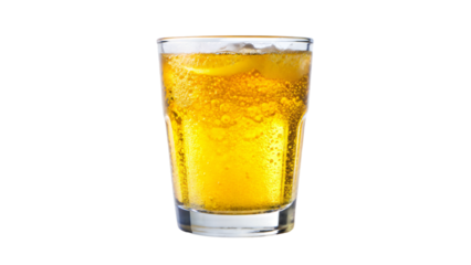 A clear glass filled with yellow soda with ice cubes floating inside