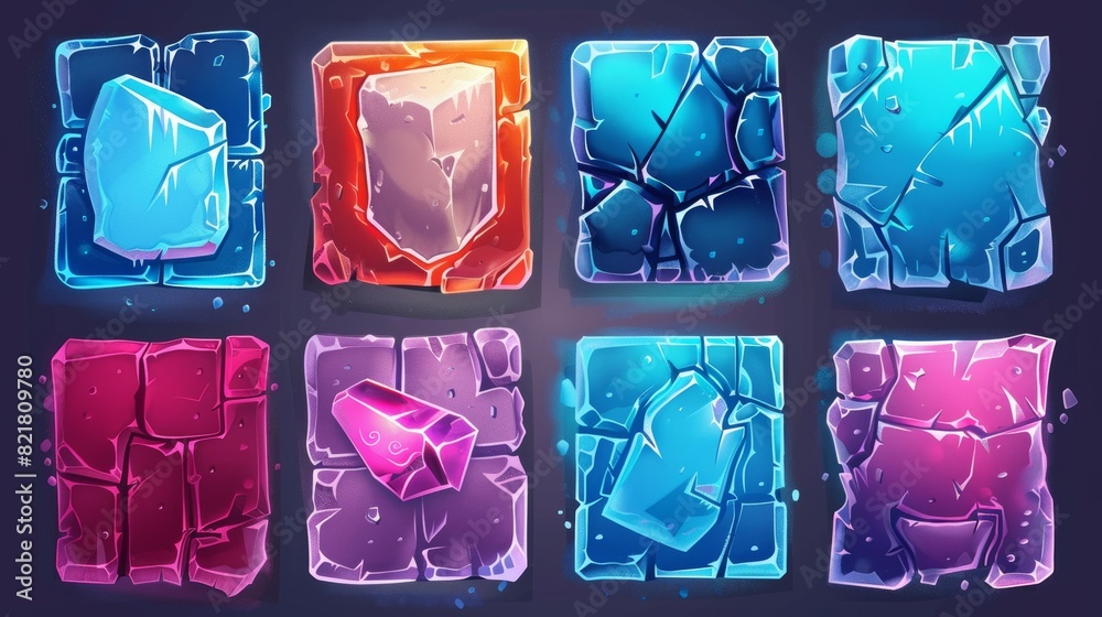 Poster frozen panel board symbols for app interfaces. crystal, metal and concrete isolated menu element for