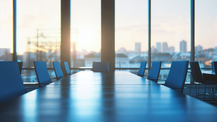 Empty corporate boardroom with blue chairs, empty office room table at sunrise, Modern workplace interior concept