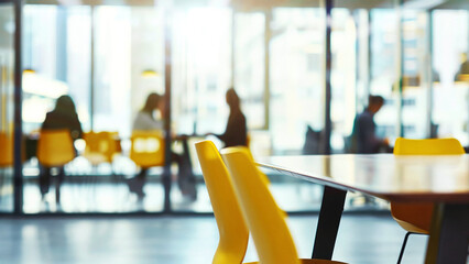 Empty yellow office chairs in corporate conference room interior with blurry silhouettes of people meeting in background