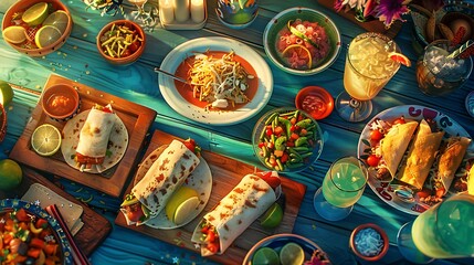 An inviting scene in a Mexican eatery with vibrant plates of enchiladas, burritos, and colorful margaritas on a wooden table, accented by festive 