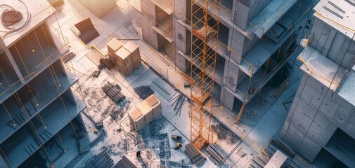 Aerial view of a construction site with cranes, unfinished buildings, and scattered materials at sunrise. Urban development and architecture.