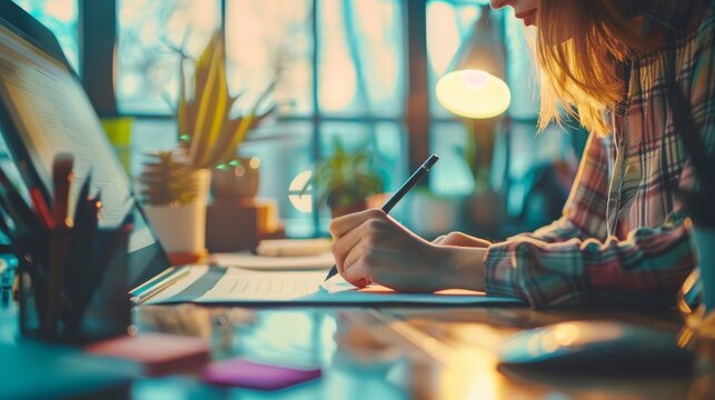 She is sitting at her desk drawing, writing, and using a pen with her digital tablet computer. She is surrounded by a diverse group of young professionals.