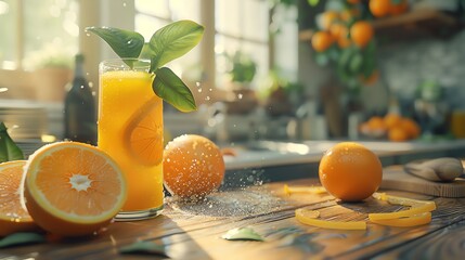 orange juice in a glass on a wooden table