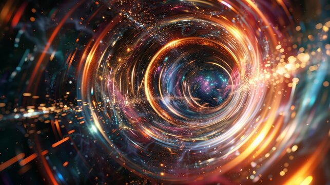 Abstract vortex of vibrant lights and colors, representing a futuristic and dynamic cosmic tunnel with a galactic backdrop.