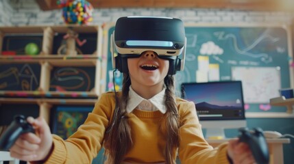 Students in elementary school learn lessons in virtual reality using headsets and controllers. Curious, excited, and motivated