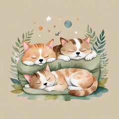Fototapeta premium there are two cats sleeping on a pillow with leaves and stars