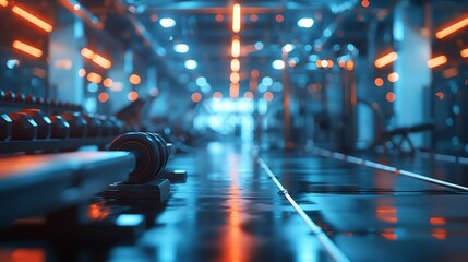 A dark and moody gym with blue and orange lighting. The focus is on a barbell in the foreground. There are no people in the gym.