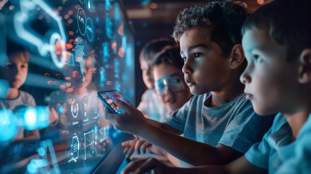 Using digital tablet computers and smartphones with Augmented Reality Software in elementary school. Children are excited, full of wonder.