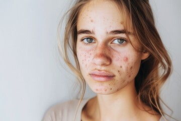 young woman girl face acne skin problem close-up portrait, dermatology therapy skincare concept - Powered by Adobe