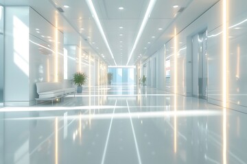 blurred of background. interior of a modern hospital with an empty long corridor, there are treatment rooms and waiting room for patients and families between the corridor with bright white lights