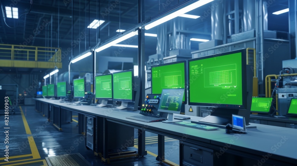 Poster this is a modern factory implementing industry 4.0 features: the facility operator controls a worksh