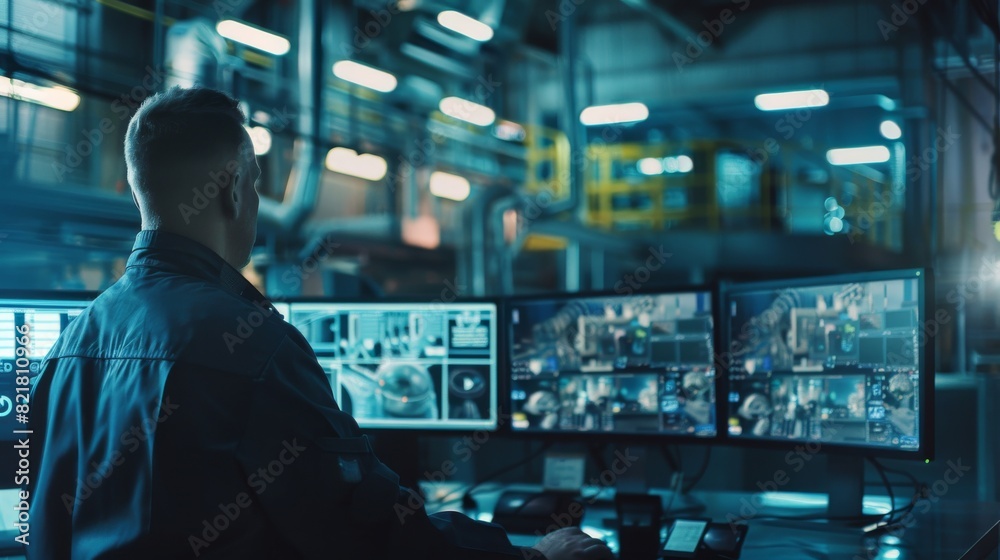 Poster portrait shot of a security operator controlling the proper functioning of a workshop production lin
