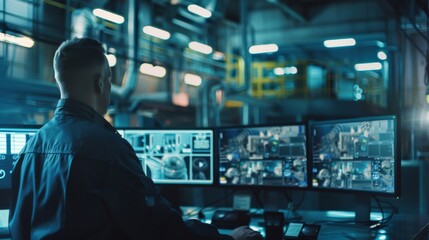 Portrait Shot of a Security Operator Controlling the Proper Functioning of a Workshop Production Line, Using the Computer to View Surveillance Feed. High-Tech Security View.