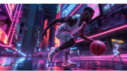 Cyberpunk Basketball Player Dribbling in Neon City