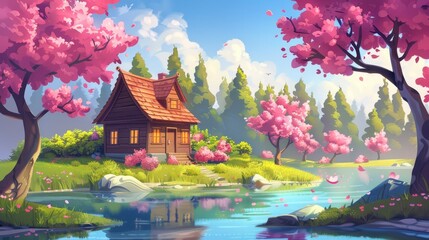 The cartoon spring landscape shows a cute wooden cottage on the lake shore surrounded by sakura blossoms. A cozy wooden house cabin is seen on the shore of a river or pond surrounded by blossoming