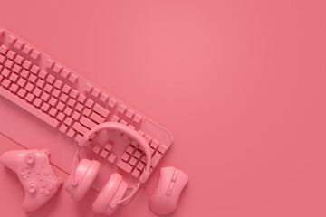 Modern home office setup featuring keyboard, gaming controllers and headphones