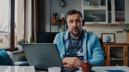 A handsome Caucasian man working from home and having a video call with a male doctor while seated behind a desk in his living room. Freelance Working From Home and Having a Video Call with a Doctor