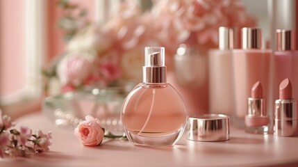 The image shows a variety of makeup products, including a perfume bottle, lipstick, and makeup brushes