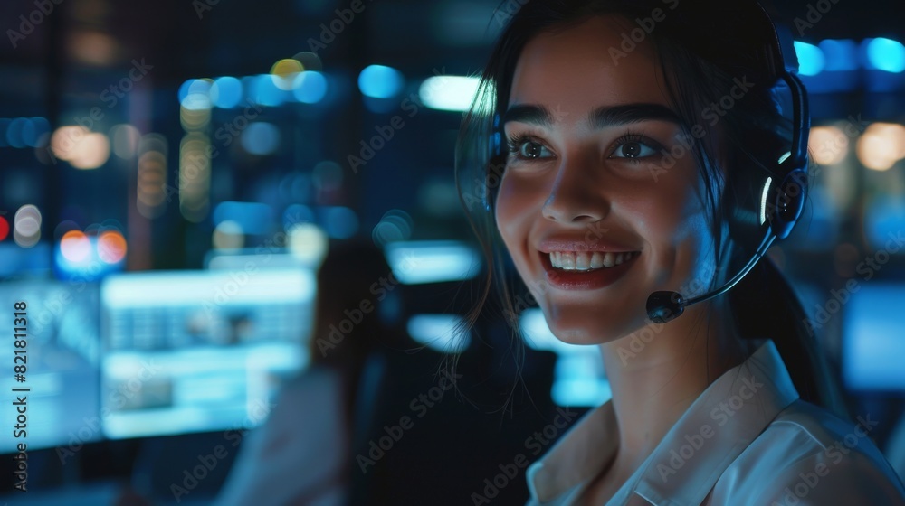 Poster close up of a happy beautiful customer support specialist talking on a headset and working at a comp
