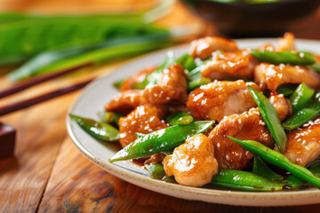 Stir-Fried Chicken with Snow Peas in a Savory Sauce on a Ceramic Plate