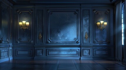 A large room with a blue wall and a dark wood floor. The room is empty and has no furniture