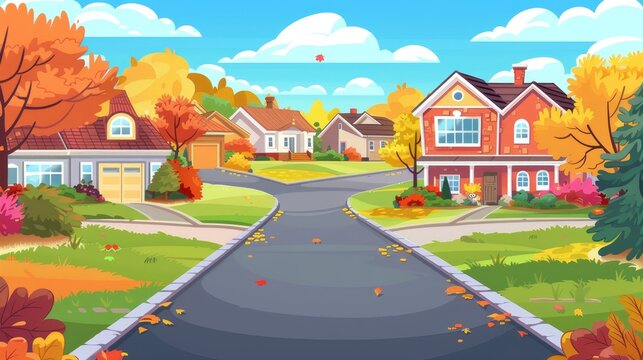 A suburban autumn landscape with orange and yellow trees and grass on yards. Cartoon cityscape with a countryside house on the street with an empty road and driveway on the left.