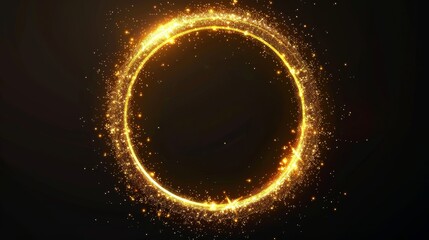This realistic modern image features a glowing yellow circle with a shimmering glitter sparkle on a black background. The ring is a shiny flare with a gold sparkle and reflection on a golden glowing