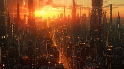 Obraz premium A futuristic city concept with rendered skyscrapers showing global Big Data connections, information flow, and artificial intelligence technology.