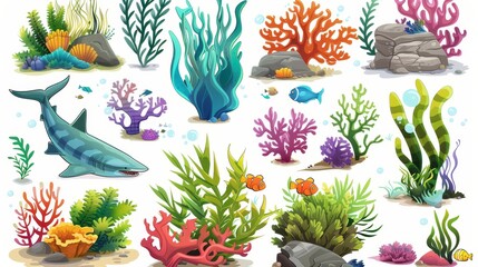 An aquarium bottom design element with fish, seaweeds, and coral reefs isolated on white background. Modern cartoon illustration of colorful aquatic plants and hammerhead sharks swimming underwater.