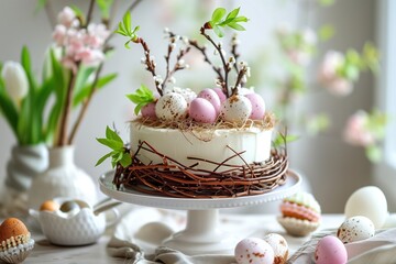 Fototapeta premium Easter cake decorated with willow branches, happy Easter holiday