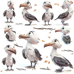 Little albatross bird Cute character multiple posses and expression children's book illustration style