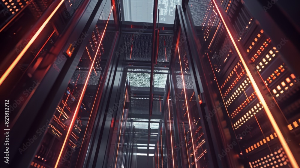 Poster a 3d rendering of a modern data center server rack working in a well-lit environment. the concept sh
