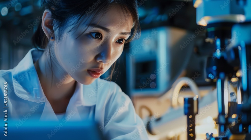 Sticker An Asian female technician configures industrial machinery using a computer while using a laptop while operating a heavy industry machine.