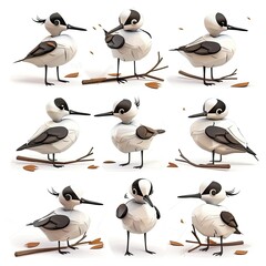 Little Avocet bird Cute character multiple posses and expression children's book illustration style