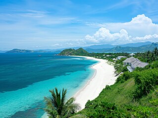 Scenic view of a pristine tropical beach with turquoise waters, lush greenery, and distant mountains under a bright blue sky.