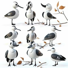 Little Avocet bird Cute character multiple posses and expression children's book illustration style