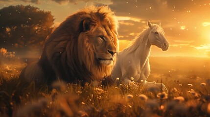 Jesus Christ's duality as the Lamb of Sacrifice and the Lion of Triumph, represented by a lion and a horse