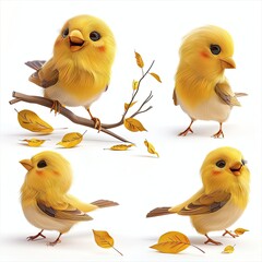Little Gold Finch Bird Cute character multiple posses and expression children's book illustration style