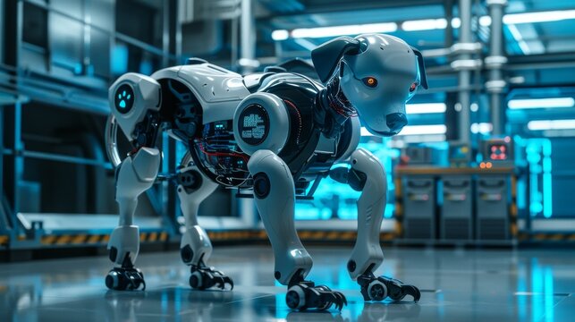 Prototype robot dog working in a high-tech industrial facility. The robot has Lidars, Sensors, Optics, Computers, Cameras, a screen with software code, and a smiling emoji on it.