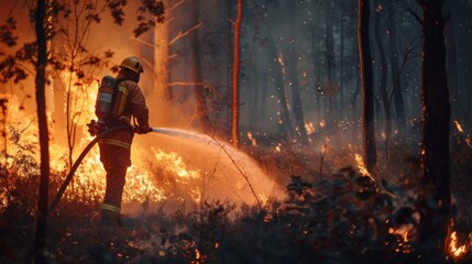 Obraz premium Using a fire hose, a professional firefighter quickly puts out a forest fire. A fireman takes control of an uncontrollable brushfire using a water hose. Trees are on fire.