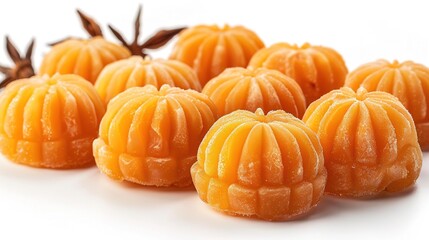 A photo of a still life of a bowl of orange and yellow candies