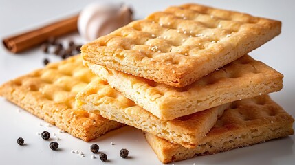 Image shows a close-up of a stack of four square crackers. The top cracker is tilted upwards at a slight angle. - Powered by Adobe